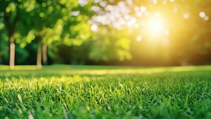 Fototapeta premium Lush Green Grass and Vibrant Trees in Tranquil Park Sunlight on a Bright Day Landscape background