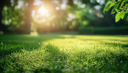 Fototapeta premium Lush Green Grass and Vibrant Trees in Tranquil Park Sunlight on a Bright Day Landscape background