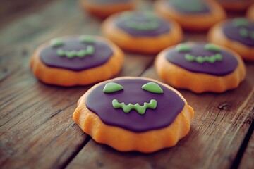 Halloween cookies on wooden table surface. Generative Ai