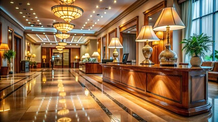 An elegant hotel lobby featuring warm lighting, stylish decor, and a reception desk, creating a welcoming and luxurious atmosphere.