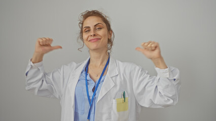 Confident woman doctor pointing at herself with thumbs against a white background, showcasing professionalism and positivity.