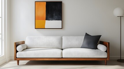 Modern White Sofa with Wooden Frame and Abstract Art.