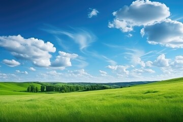 Obraz premium Lush Green Meadow Under Clear Blue Sky. Fluffy White Clouds on a Sunny Day Landscape Background