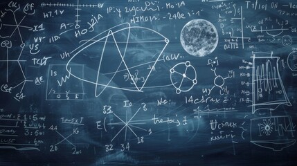 The image depicts a chalkboard filled with complex mathematical equations, formulas, and various scientific diagrams, symbolizing knowledge, education, and scientific inquiry.