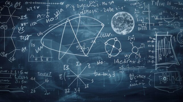 The image depicts a chalkboard filled with complex mathematical equations, formulas, and various scientific diagrams, symbolizing knowledge, education, and scientific inquiry.
