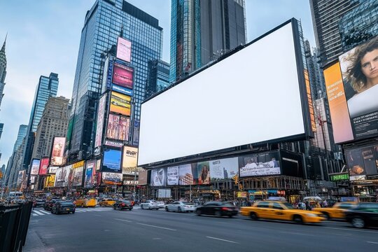 Blank Billboard in Times Square with Busy Traffic