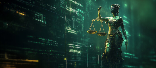 Lady Justice Statue with Digital Code Background with copy space for custom text graphic