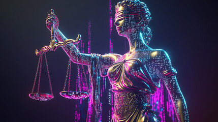 Digital Lady Justice with Binary Code and Neon Scales