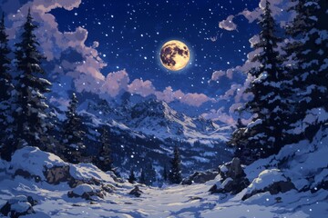 Moonlit Symphony in the Snow: Enchanting Anime-Style Winter Night with the Howling of Wolves, Abstract Art for Gaming and Storybook Illustrations, Ideal for 4K Wallpapers.