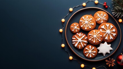 Christmas cookies on a plate, lights illuminating from above