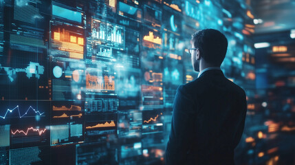 Obraz premium Businessman looking at a futuristic holographic wall.