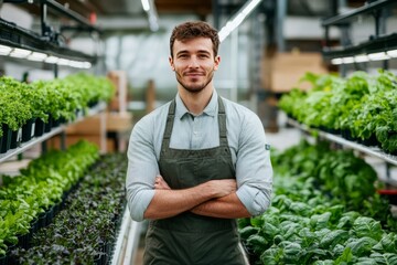 A dynamic portrait of a young agricultural entrepreneur in a smart-casual outfit, standing in an indoor vertical farm, surrounded by neatly arranged rows of growing plants.