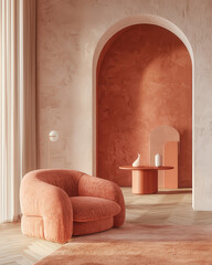 Terra cotta corner sofa in room with beige stucco walls. Minimalist interior design of modern living room.