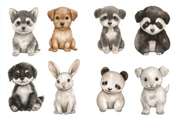 Baby animals painted in watercolor, including a puppy, kitten, duckling, lamb, bunny, baby elephant, fawn, chick, piglet, and baby panda