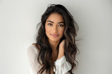 Portrait of a young Indian woman with long hair and a smiling face