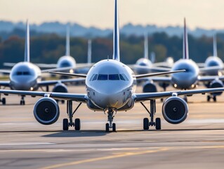 Naklejka premium Close-up View of a Regional Airline Aircraft on the Tarmac with Other Planes in the Background, Capturing the Essence of Air Travel and Transportation