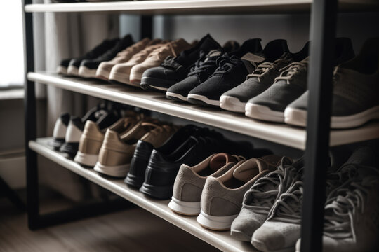 generated illustration of open shelf shoe rack with dirty shoes