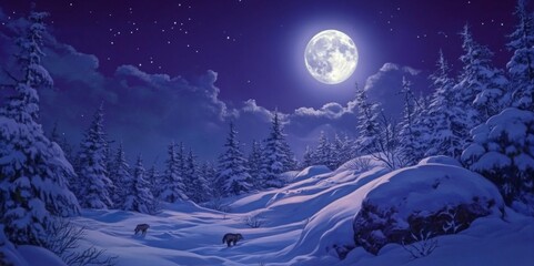 Naklejka premium Moonlit Symphony in the Snow: Enchanting Anime-Style Winter Night with the Howling of Wolves, Abstract Art for Gaming and Storybook Illustrations, Ideal for 4K Wallpapers.