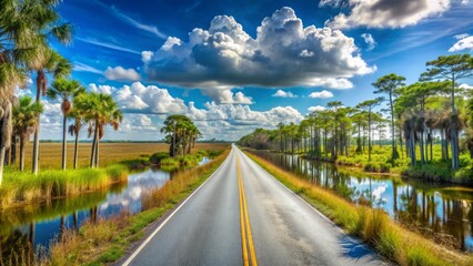 Fototapeta premium Sunny day on the Tamiami Trail in Florida, with a scenic view of the Everglades, sawgrass, and cypress trees lining the rural highway.