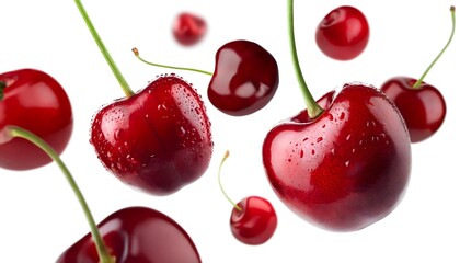 Cherries floating in the air, isolated on white background