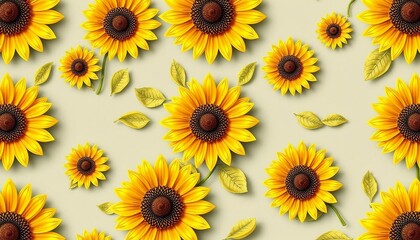 Obraz premium seamless pattern featuring a 3D illustration of sunflowers , resembling a paper quill pattern background, wallpaper, poster, banner, close up image of sunflower created with generative ai