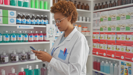 African woman pharmacist using smartphone in drugstore