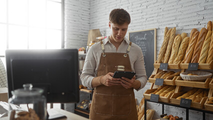 Young man in a bakery shop wearing a brown apron checks an order on a tablet while surrounded by bread loaves on wooden shelves