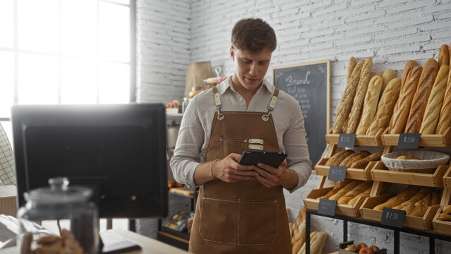 Young man in a bakery shop wearing a brown apron checks an order on a tablet while surrounded by bread loaves on wooden shelves - Powered by Adobe