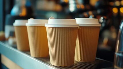 Five disposable coffee cups sit neatly on a counter, capturing the warm morning atmosphere of a lively cafe.