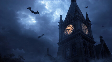 A dramatic scene features a tall, gothic clocktower with an illuminated clock face against a dark and stormy night sky. The clouds are thick and ominous, casting a mysterious and eerie atmosphere. Sca