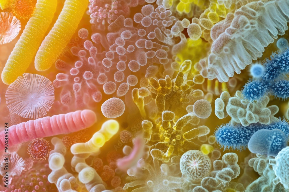 Poster microscopic world of bacteria a colorful and diverse ecosystem of microorganisms in a close-up view