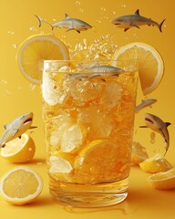 Creative lemon iced tea with toy sharks