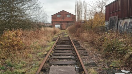 Overgrown Railway Tracks Leading to a Deserted Factory, Capturing a Sense of Time's Passage and Industrial Decline.