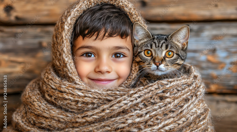 Wall mural little boy cuddles scottish fold cat in cozy blanket