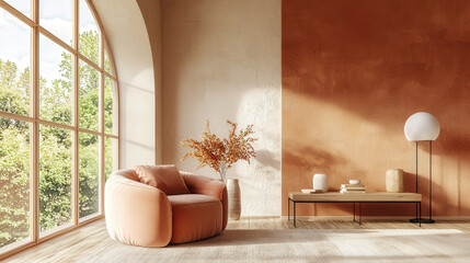 Terra cotta accent armchair in spacious room with steps and stucco wall. Minimalist, japandi interior design of modern living room.