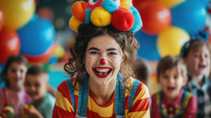 Fototapeta premium clown shows tricks at a children's party, birthday, holiday, company of friends, animator, magician, magic, child, kid, person, masquerade, Halloween, illusionist
