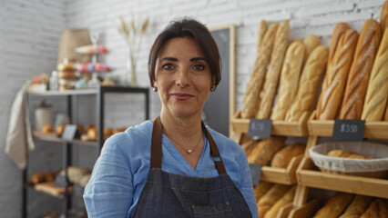 Mature hispanic woman working in a bakery shop filled with fresh bread and pastries, wearing an apron and standing indoors with a welcoming smile.