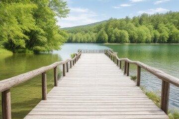 Wooden path bridge over a lake