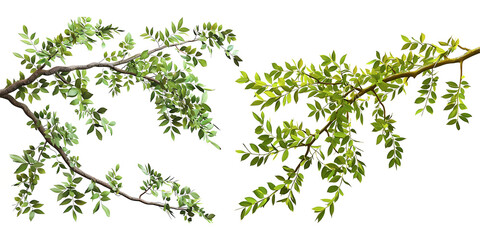 Two realistic branches with green leaves on a transparent background