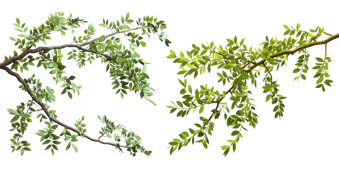Two realistic branches with green leaves on a transparent background