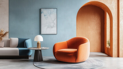 Minimalist interior design of modern living room with vibrant colorful multicolored armchairs.