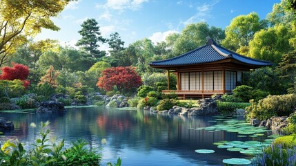 Fototapeta premium Tranquil Japanese Tea House Nestled Amidst Lush Greenery and a Serene Pond, Featuring Traditional Architecture and Vibrant Foliage