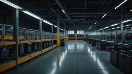 Fototapeta premium An ultra-modern robotic distribution center for mail and parcels, robots sorting and distribution tasks on conveyor