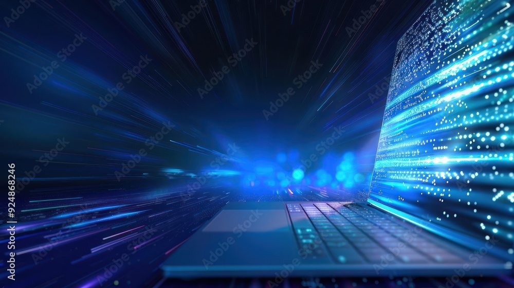Poster laptop with data flow and blurred background