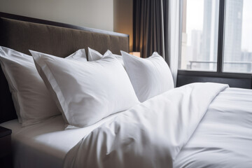 Obraz premium generated illustration of Modern bed with soft pillows in room