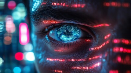 Futuristic eye with digital code reflections - generative ai