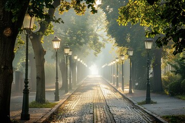 Obraz premium historic avenue lined with linden trees, cobblestone path, vintage street lamps, early morning fog, 