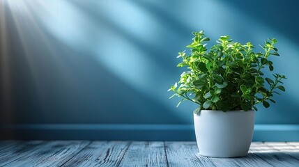 A potted plant in sunlight against a blue wall