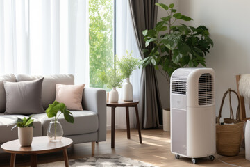 generated illustration of closeup a modern portable air conditioner in house living room
