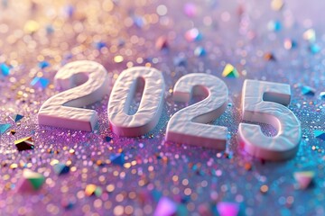 Futuristic 3D "2025" text in vibrant colors with abstract background and glowing elements